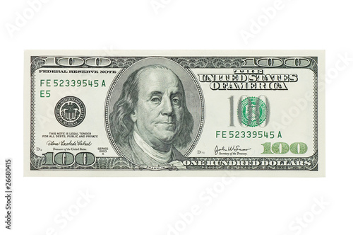 Photo: hundred dollar banknote,isolated on white hundred dollar banknote,isolated on white