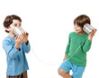 Two boys talking on a tin can phone