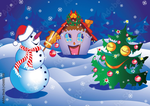 Vector: Xmas illustration with snowman,tree and house. Xmas illustration with snowman,tree and house.