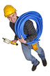 Electrician worker with tools on white background. Electrician worker with tools on white background.