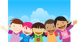 Multicultural kids embracing each other waving to audience Multicultural kids embracing each other waving to audience
