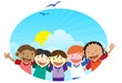 Multicultural kids embracing each other waving Multicultural kids embracing each other waving