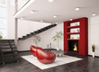 Modern interior Wohnzimmer mit Kamin und Treppe 3d render Modern interior Wohnzimmer mit Kamin und Treppe 3d render