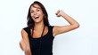 Crazy young beautiful woman dancing on white background