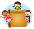 Multicultural Kids waving and holding large blank paper scroll Multicultural Kids waving and holding large blank paper scroll