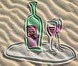 Colored drowing of red wine bottle on sand