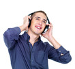 dancing man with headphones looking up