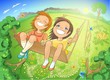 Happy little girls swinging.