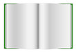 Blank opened book with green hard cover isolated.
