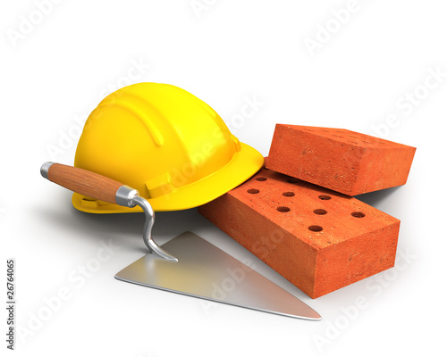 Illustration: Bricks, trowel and a yellow plastic helmet Bricks, trowel and a yellow plastic helmet