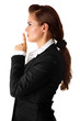 modern business woman with finger at mouth isolated on white.
