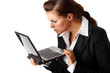 modern business woman amazedly looks in laptops screen