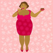 fat woman holding plate with cake