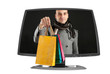 young man with paper bags in a computer monitor young man with paper bags in a computer monitor
