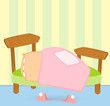 cartoon bed with a blanket and pillow, pink slippers