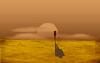 Alone man in the desert at the sunset