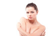 Upset beautiful brunette woman embracing herself Upset beautiful brunette woman embracing herself