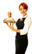 caucasian woman as restaurant waitress is holding a winch