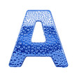 Blue ice alphabet symbol - letter A. Water drops on glossy metal