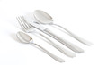 Teaspoon, fork, knife and spoon with white background.