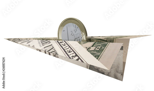 Illustration: eurocoin flying on a dollar plane eurocoin flying on a dollar plane