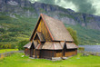 Autumn Norway landscape with stavkirke Autumn Norway landscape with stavkirke