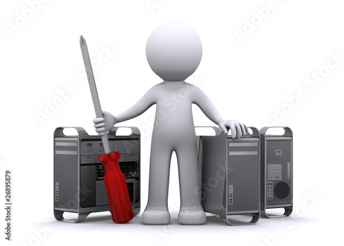 Illustration: 3d Technician repairing PC 3d Technician repairing PC