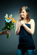 flower bouquet against a happy girl