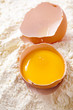 Broken egg with shells on flour Broken egg with shells on flour