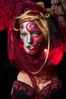 cool Venetian mask makeup over vintage interior