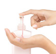 gesture of beautiful womans hand using hand sanitizer