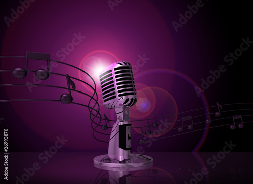 Illustration: classic microphone with pink light and music notes on background classic microphone with pink light and music notes on background