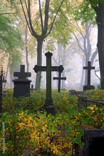 Photo: cemetary in fog in autumn cemetary in fog in autumn