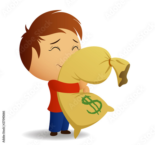 Vector: Men in red shirt hug the bag with money. Men in red shirt hug the bag with money.