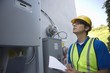 Photo: Maintenance worker reads meter of solar generation unit in Los Angeles, California Maintenance worker reads meter of solar generation unit in Los Angeles, California