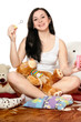 Joyful girl blow bubbles. Isolated