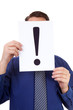 geek is holding exclamation mark over white background