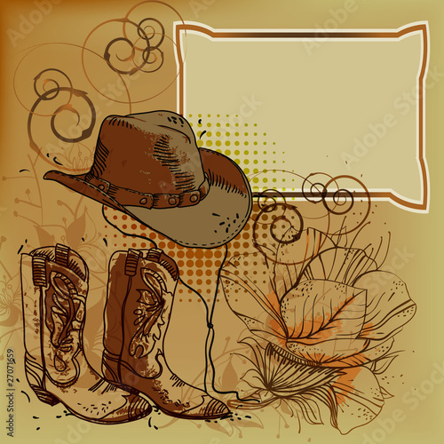 Vector: vector frame with a cowboy hat, boots and flowers vector frame with a cowboy hat, boots and flowers