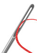Needle eye with the passed red thread through Needle eye with the passed red thread through