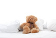 fun teddy bear sitting on bed