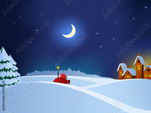 Vector: Santa Claus coming to christmas town throw night snow field. Santa Claus coming to christmas town throw night snow field.