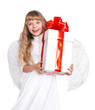 Angel child  with gift box. Isolated.