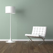 white barcelona chair and lamp on green
