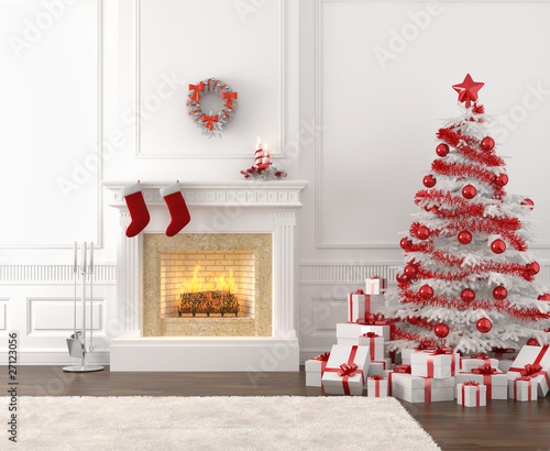 Illustration: white and red christmas fireplace interior white and red christmas fireplace interior