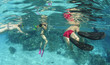 Underwater view of snorkelers in tropical clear water.