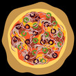 pizza with salami, olives, cheese, mushroom, onion pizza with salami, olives, cheese, mushroom, onion