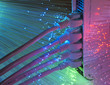network cables and hub closeup with fiber optical background