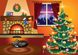 Xma tree in home living room with fireplace.
