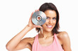 Young happy beautiful woman holding a CD isolated on white