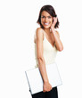 Isolated college girl carrying a laptop with a cute smile